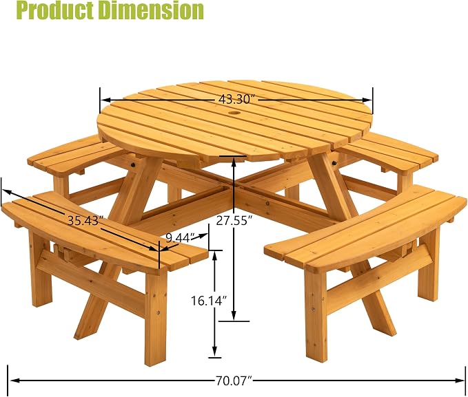 Thanaddo 8-Person Outdoor Circular Wooden Picnic Table, Camping Dining Table w/ 4 Built-in Benches, Outside Table Set with Umbrella Hole, 2220lb Capacity for Garden Patio Backyard - Natural