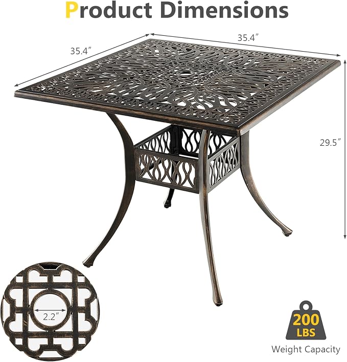 Giantex Patio Dining Table, Cast Aluminum Outdoor Table for 4 Persons, Heavy-Duty Structure, Adjustable Footpads, All-Weather Square Umbrella Table with Hole, 35.4" Lx35.4 Wx29.5 H