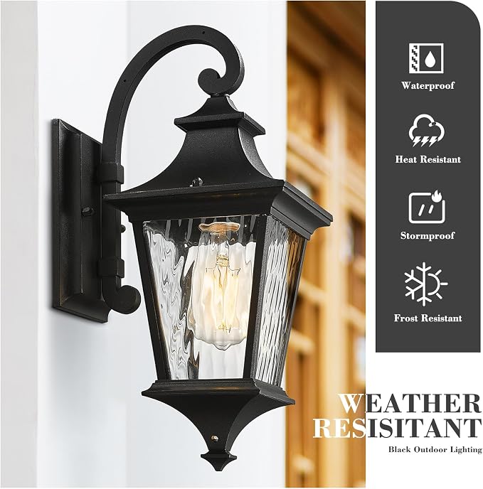 Emliviar 15 Inch Outdoor Wall Lantern Light, Porch Light for House, Hallway and Entryway, Black Finish with Water Ripple Glass, XE292B-SW BK