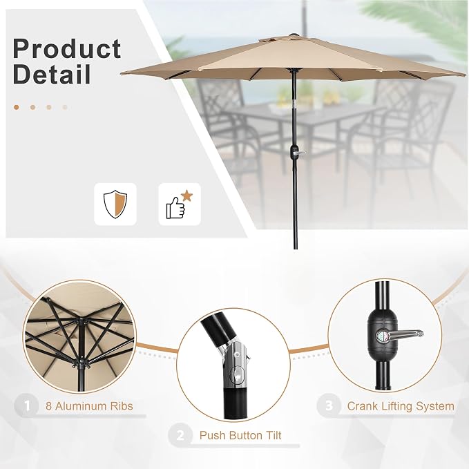 Crownland 5 Piece Patio Dining Set, Outdoor Textilene Dining Sets, 4 Textilene Metal Chairs and Square Outdoor Dining Table with Khaki 9FT Round Outdoor Umbrella (Blue)