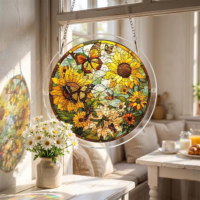 Acrylic Puzzle Suncatcher, Sunflower and Butterfly Stained Glass Window Hanging, Sun Catcher Puzzle Kit Home Decor, Creative Mothers Day and Birthdays Gifts for Mom, Wife, Sisters, 7.87 inch