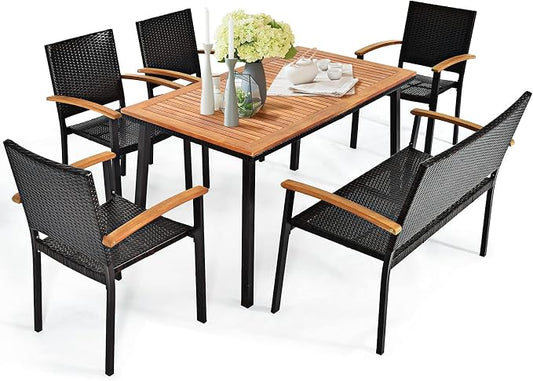 Tangkula 6 Piece Patio Dining Set, Outdoor Acacia Wood Dining Furniture w/Acacia Wood Table Top, Modern Conversation Set w/ 4 Rattan Chairs & 1 Rattan Bench for Backyard Garden Poolside Lawn