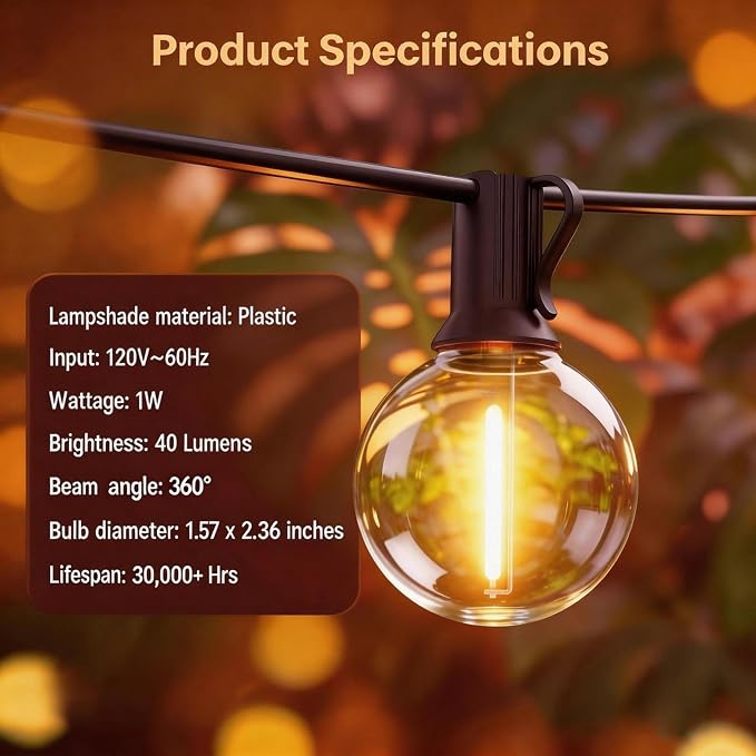 RTTY Outdoor String Lights 25 FT Waterproof, Patio Light 13 G40 LED Bulbs | Shatterproof Dimmable Vintage Edison Bulb, Connectable, Hanging Light For Outside, Balcony, Cafe, Bistro, Porch, Warm White