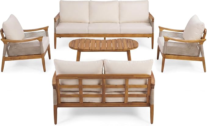 Christopher Knight Home Heidi Acacia Wood 5 Piece Patio Furniture Set 7-Seater Outdoor Loveseat, 3-Seater Sofa, Club Chairs and Coffee Table, Patio Conversation Set With Woven Rope Accents, Teak+Beige