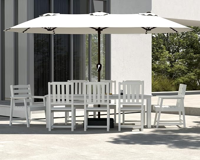 9-Piece Outdoor Dining Set with 15FT Umbrella for 8,White | 75.2'' HDPE table, chairs included, weather-resistant furniture with hole, ideal for lawn, poolside, yard, garden, deck