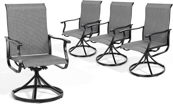 Crownland Outdoor Swivel Dining Chair Set of 4, All Weather 360° Swivel Rocking High Back Model Patio Dining Chairs, Textilene Fabric Wrought Iron Dining Chair Set for Backyard, Lawn, Garden(Grey)