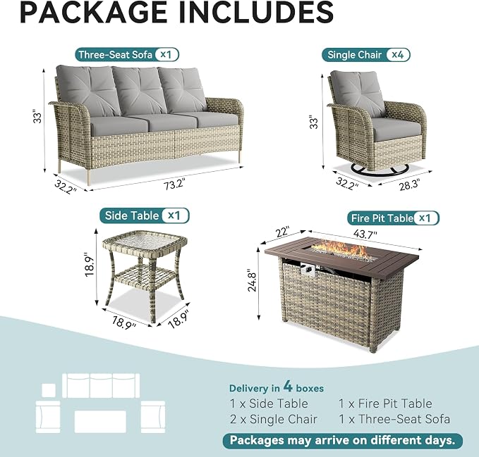 LazySunsets 7 Piece Outdoor Patio Furniture Set with 44'' Fire Pit Table, Wicker Rattan Outdoor Furniture with High Back Swivel Rocker Chairs, Outdoor Sofa Set with Thick Cushions, Grey