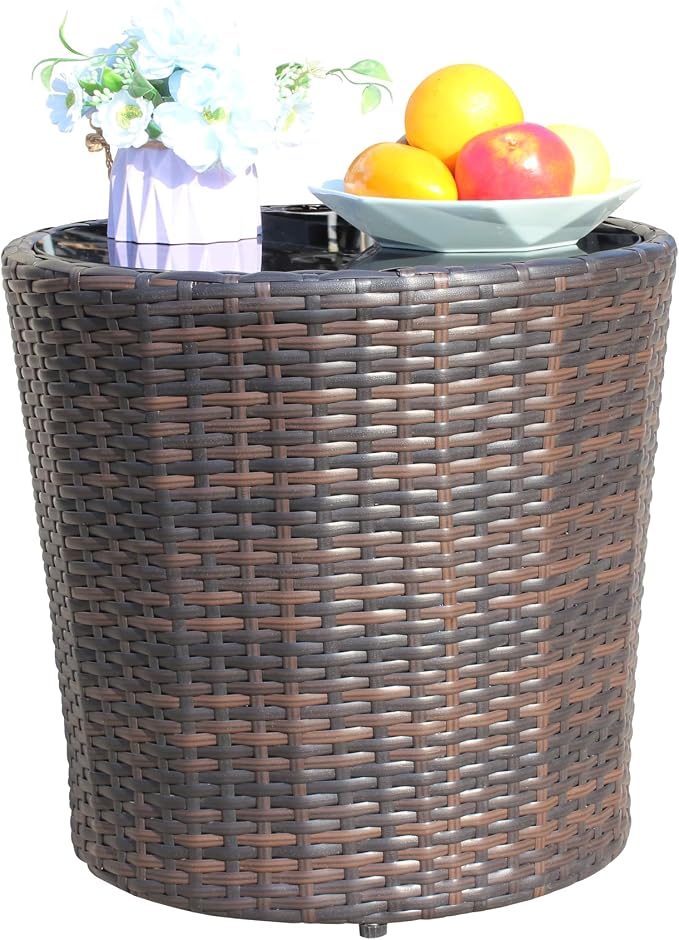 Outdoor Patio PE Rattan Round Coffee Table 17.7" Patio Side Table with Black Tempered Glass Top, Outdoor Wicker End Table for Backyard Deck Balcony, 120 lbs Capacity, Brown