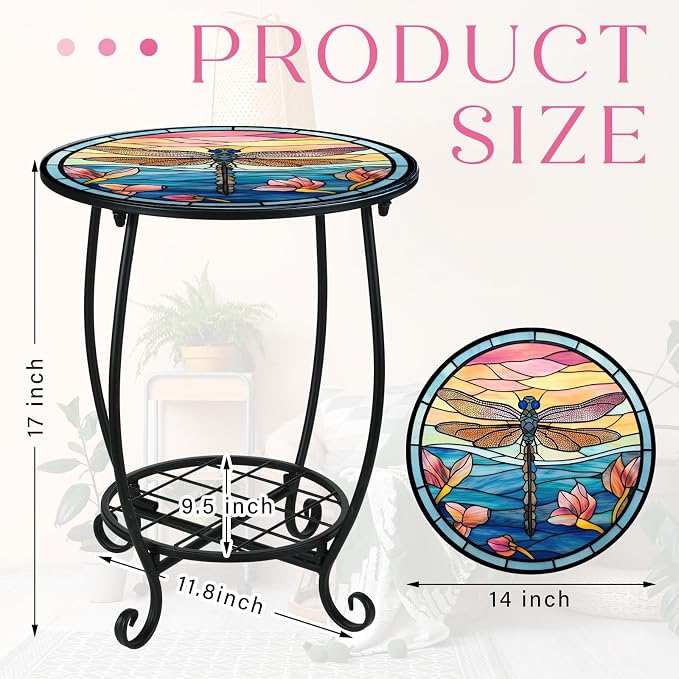 Cinnvoice Outdoor Side Table Round Small Mosaic Patio Accent Indoor End Plant Coffee Tea Table for Yard Patio Porch Garden Living Room, Bedroom(Dragonfly Style,14 Inch)