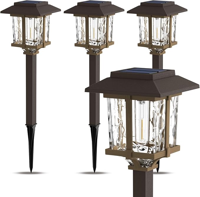 XMCOSY+ Solar Pathway Lights Outdoor, Edison Solar Garden Lights, 4 Pack | IP65 Waterproof, 2-Tone Stainless Steel & Glass, LED Warm White Glow Landscape Lighting for Walkway Yard Patio Driveway Decor