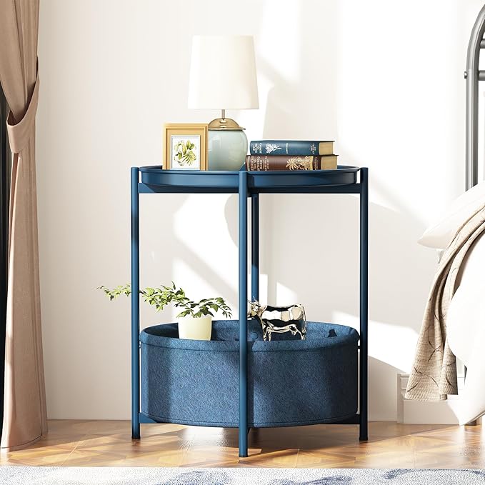 Garden 4 you Side Table with Fabric Storage Basket, Round Metal End Table, Small Bedside Table Nightstand with Removable Tray, for Nursery, Living Room, Bedroom, Bathroom, Blue