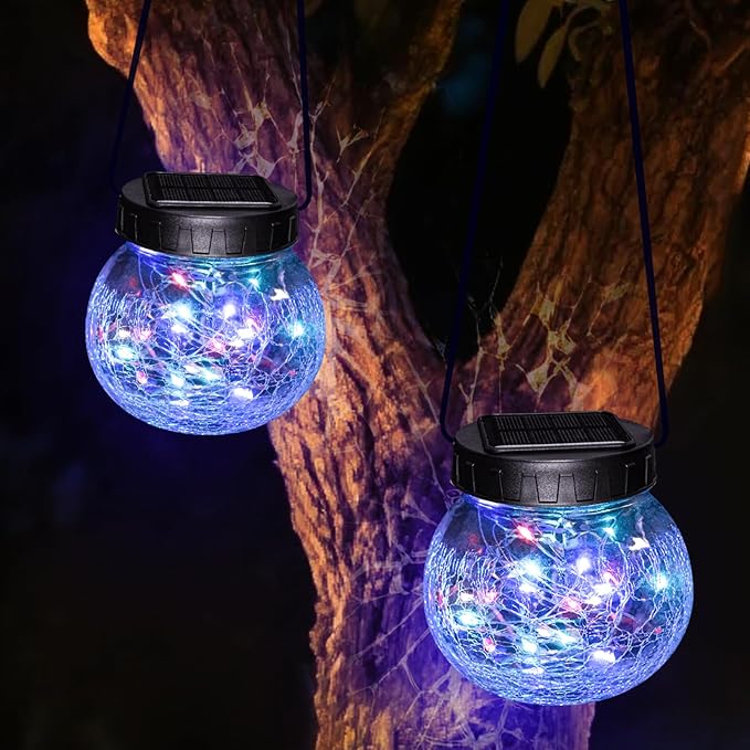 kolpop 2 Pack Solar Lantern Outdoor Lights, Multi-Coloured Solars Lanterns with 30 LED, Crackle Glass Ball Waterproof Hanging Solar Lights for Garden Decor Patio Fence Yard Christmas Tree Decoration
