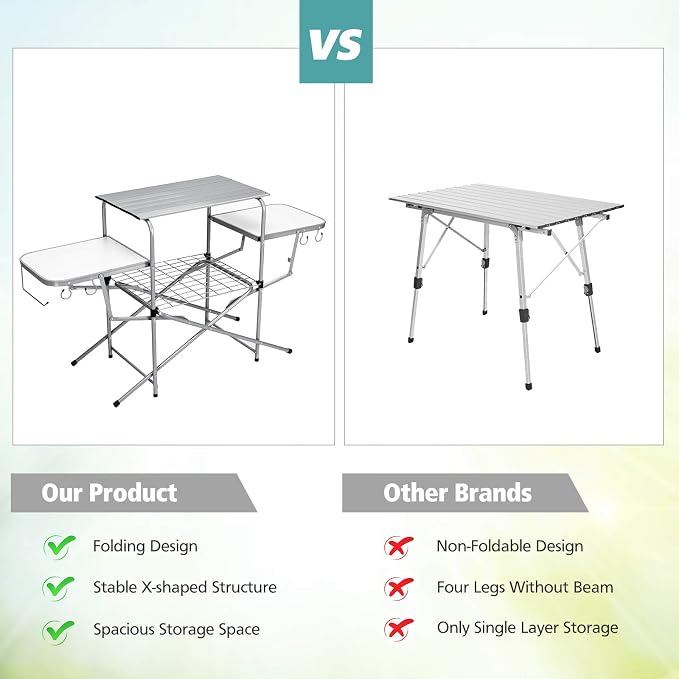 Goplus Folding Grill Table, Aluminum Camping Table with 26'' Main Tabletop, Hooks and Carry Bag, Portable Picnic Table Grill Stand for Outdoor Tailgating BBQ Beach Backyard RV