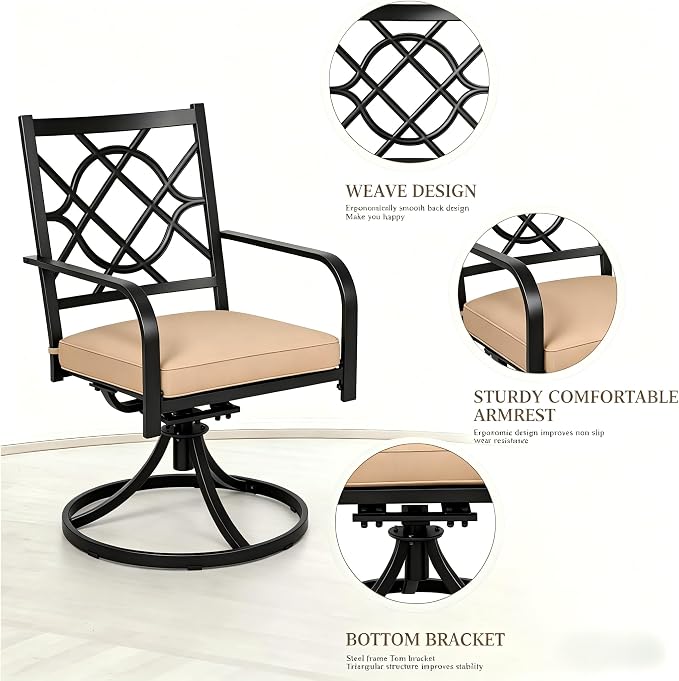 Oakcloud Outdoor Metal Swivel Dining Chairs, Strong Capacity Patio Chairs Set of 4, Patio Dining Chair Patio Furniture with Cushion for Garden, Backyard, Bistro, Black