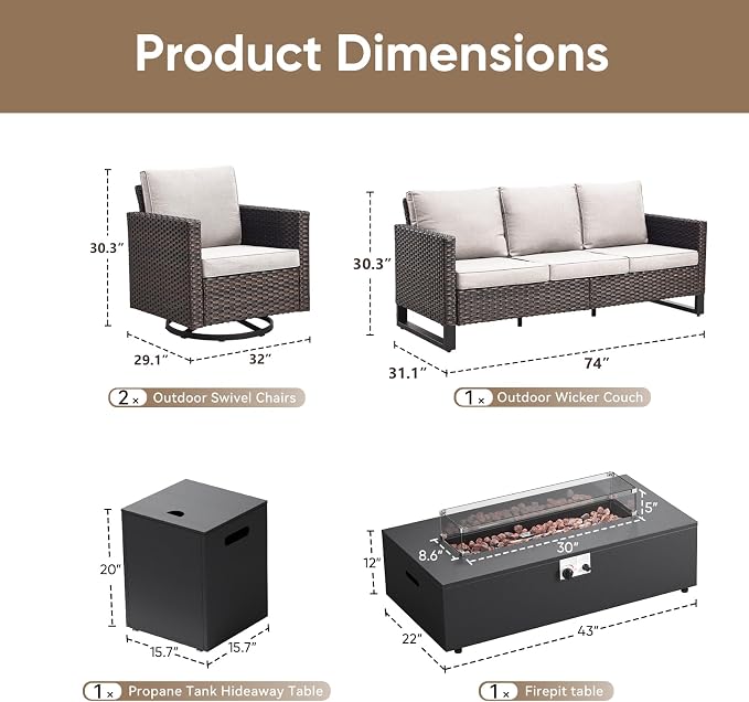HUMMUH Patio Furniture Set with Fire Pit Table,5 Piece Wicker Outdoor Conversation Sets -Outdoor Swivel Rocker Chairs Patio Sofa for Porch,Garden,Backyard