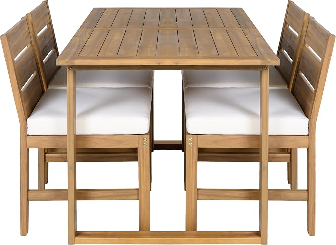 Acacia Wood Outdoor Dining Set for 4, All-Weather Patio Dining Set with Rectangle Dinning Table and 4 Chairs& Cushions for Garden Backyard Lawn (Natural+Beige c)
