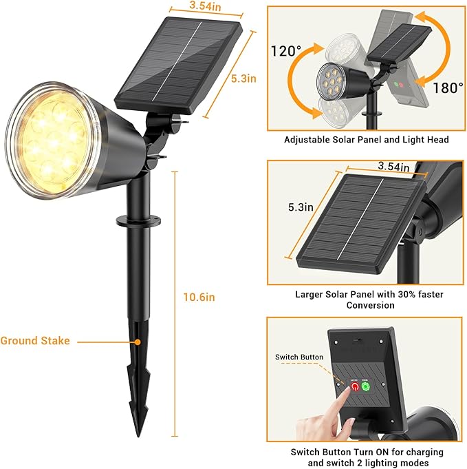 Solar Spot Lights Outdoor Waterproof: 1000LM Big Adjustable Spotlight - 2-in-1 15Hrs+ Long Lasting Spot Light - Solar Powered Spotlights Landscape Lighting for Garden, Yard, Tree, Flag, Wall, Pathway