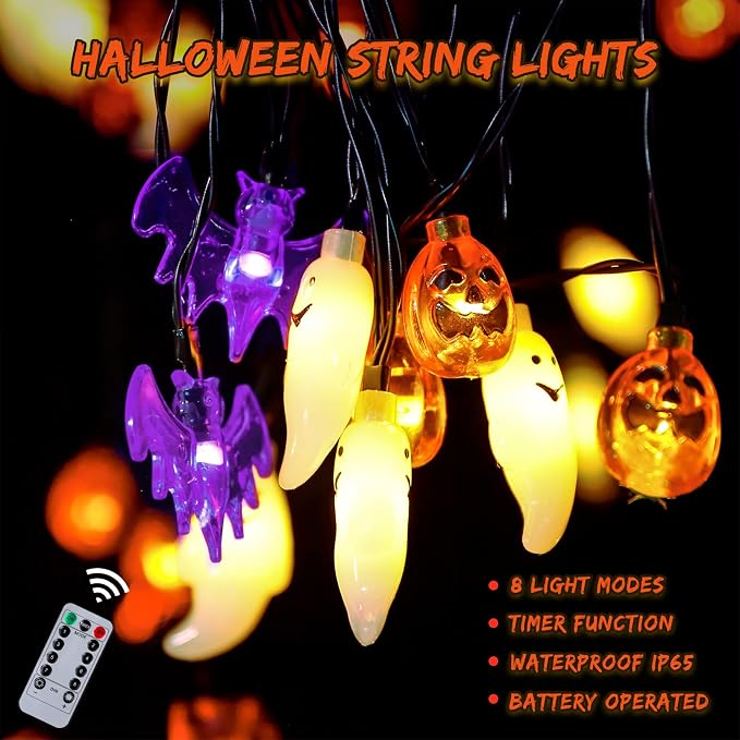 Mosoan Halloween Lights, 20Ft 30 LED Pumpkin Ghost Bat String Lights Battery Operated with Timer, 8 Light Modes Halloween Fairy Lights for Indoor Outdoor Party Home Yard Window Decor
