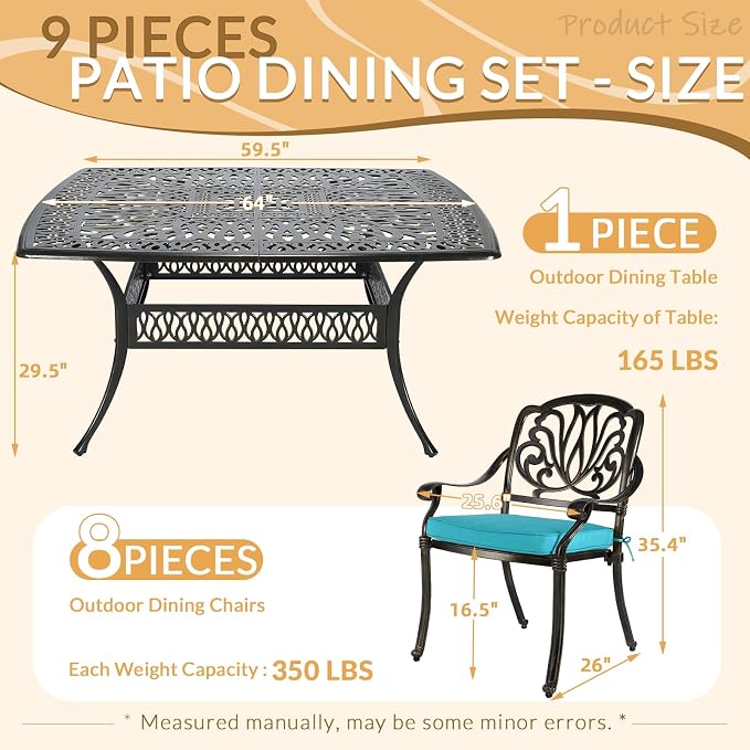 9 Piece Outdoor Patio Dining Set for 8, Cast Aluminium Large Square Dining Table & 8 Cushioned Stackable Chairs, Umbrella Hole, Patio Furniture Set for Garden Porch Poolside, Ocean Blue