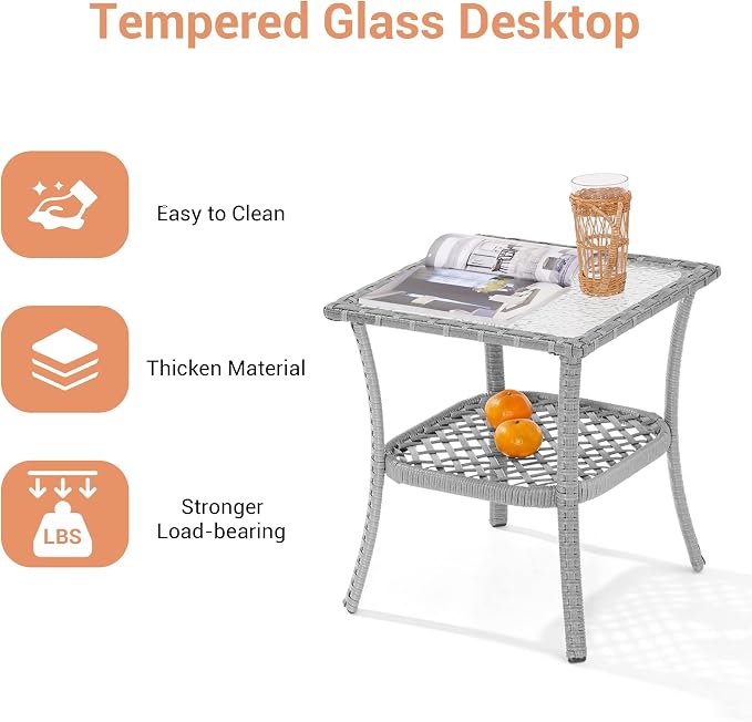 18'' Outdoor Side Table with Tempered Glass Top, Rattan Side Table with Storage, Square Wicker End Coffee Table for Patio Outside Balcony Porch Deck, Grey
