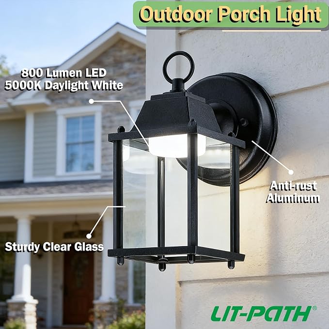 Outdoor Wall Light Fixture, Rustproof Aluminum, Clear Glass, LED | Exterior Porch Light Wall Sconce Lantern for House, Patio, Garage, Waterproof Anti-rust, 9.5W 800 Lumen, 5000K, Black, 2 Pack