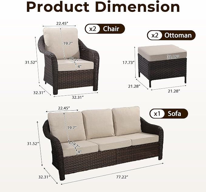5 Piece Patio Wicker Conversation Set, All-Weather Use Outdoor Wicker Sofa with 2 PE Rattan Ottomans,2 Chair, Ideal for Porch, Backyard, Balcony, Poolside, Beige