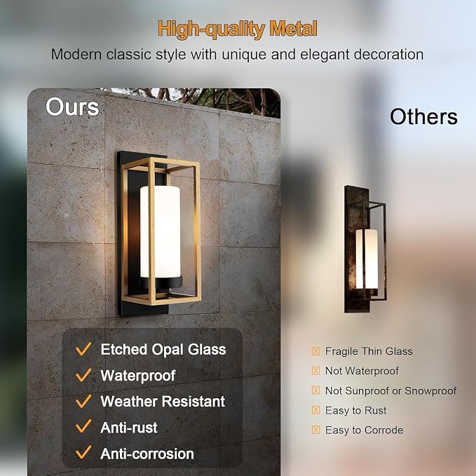 ALVIME Black and Gold Wall Sconce Set of 2, Modern Outdoor Wall Lights, Hardwired Exterior Porch Light Fixtures, Waterproof Front Door Lighting, E26 Base for House Garage Patio