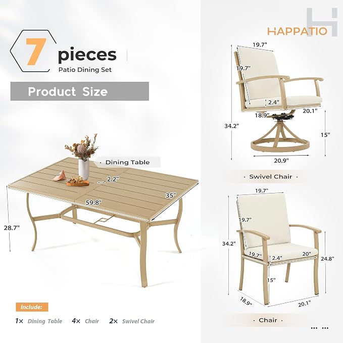 HAPPATIO 7 Piece Patio Dining Set, Aluminum Outdoor Dining Set for 6, Patio Furniture Sets, 2 Swivel Dining Chairs, 4 Dining Chairs, Aluminum Furniture Set for Patio, Yard (Beige)