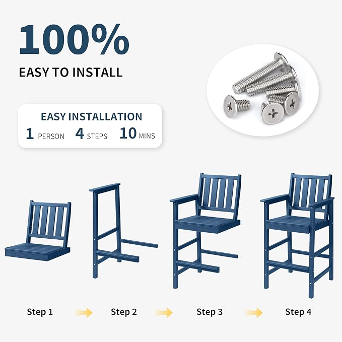 Adirondack Chairs Set of 4, All Weather HDPE Counter Height Bar Chair with Wide Armrests & Footrest, Heavy-Duty Outdoor Bar Height Barstools Set for Patio, Balcony, Pool, Backyard, Blue