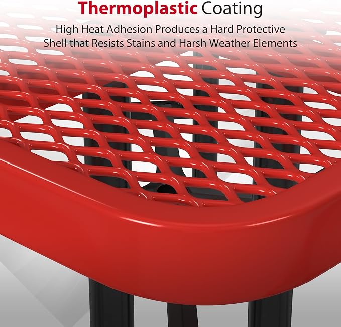 Leisure Craft Metal Picnic Table with Bench - 46" Square Outdoor Dining Table for 8 with Umbrella Hole, Weatherproof Heavy Duty Thermoplastic Coating, Commercial Grade Furniture Made in USA - Red