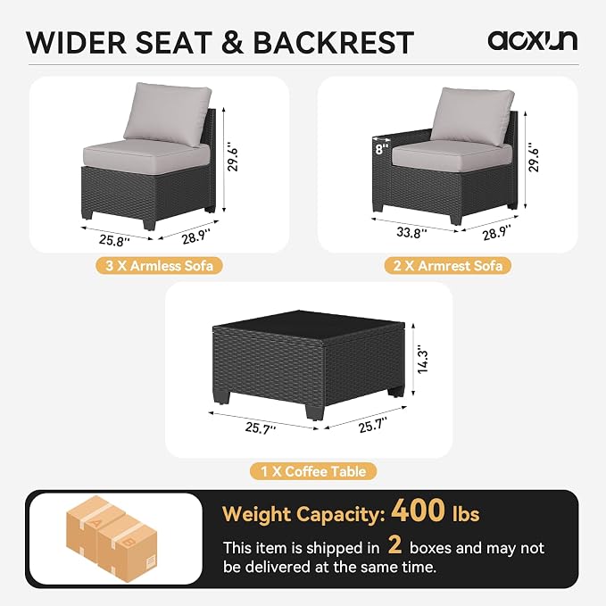 Aoxun Patio Furniture Set, 6 Pcs Outdoor Patio Furniture Sets with 4in Thicken Cushion, Widen Armrests Wicker Outdoor Sectional for Backyard, Grey