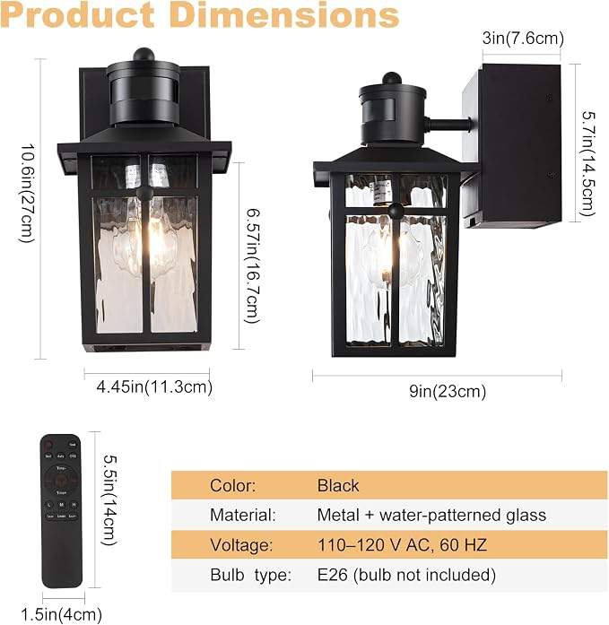 Porch Light with GFCI Outlet with Remote,Dusk to Dawn Motion Sensor Outdoor Light,Upgraded 4 Lighting Modes Black Front Door Light,Waterproof Outside Lights for House Patio Garage Entryway, 2 Pack
