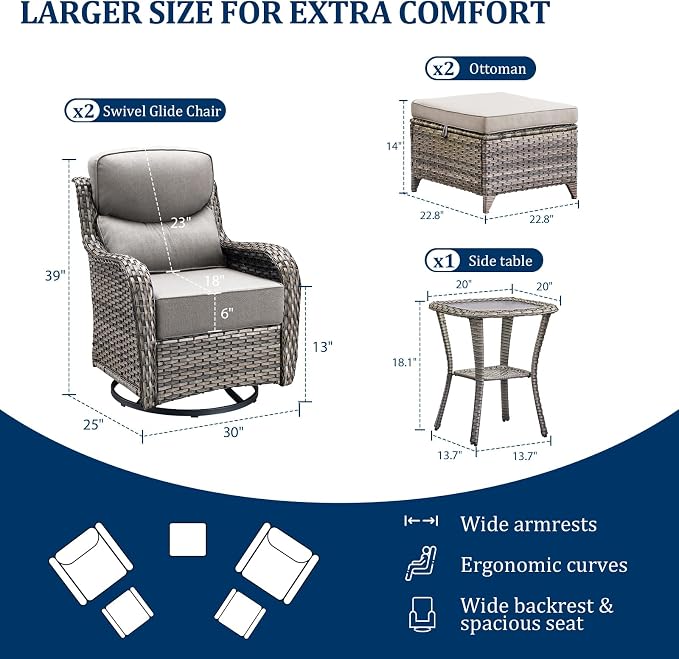 Luxury Swivel Rocker Chairs Set with 6" Thick Cushion 5 piece Wicker Outdoor Swivel Rocker Patio Chair with Ottoman High Back Comfortable Outdoor Patio Furniture Set - Gery | Gery