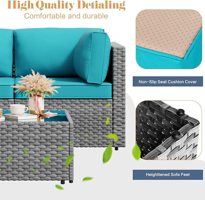 JAMFLY 5-Piece Patio Furniture Set, All-Weather Wicker Outdoor Sectional Sofa with Soft Cushions, Modular Conversation Set for Backyard, Deck, Garden & Poolside(Blue Cushion)