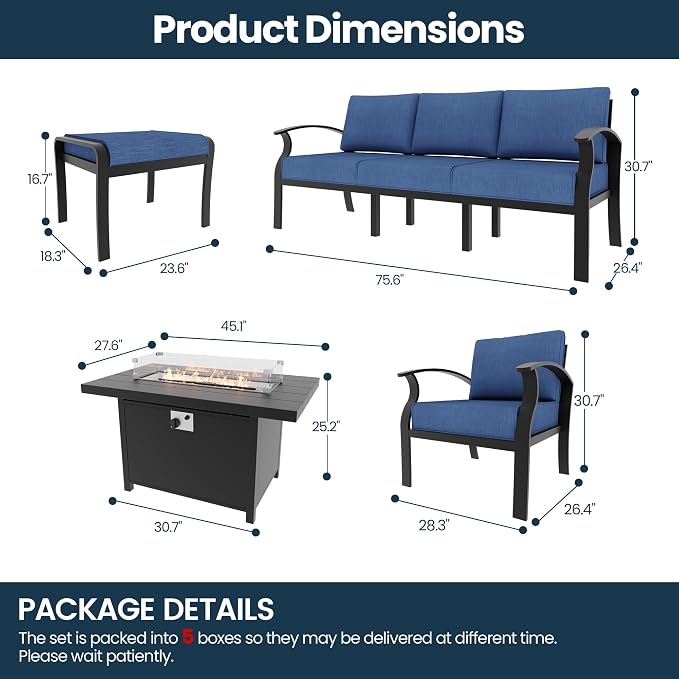 Aluminum Outdoor Patio Furniture Set,6 Pieces 5 Seats Metal Patio Sectional Furniture Set with 45" Propane Fire Pit Table,Patio Conversation Sets with 2 Ottomans,Navy Blue