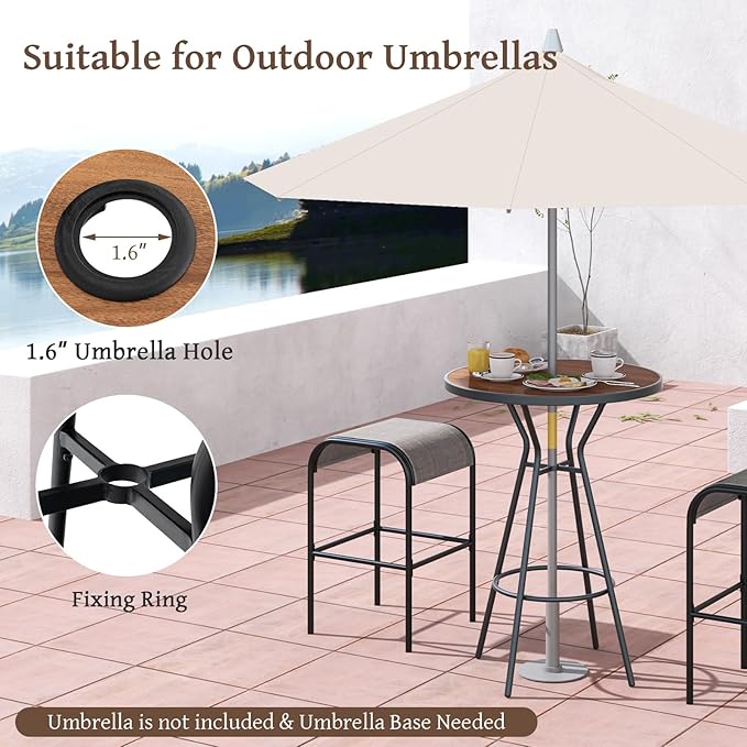 HAPPYGRILL Patio Bar Table with Umbrella Hole, 28” Outdoor Bar Height Table with Faux Wooden Top, Footrest, Patio Bistro Table for Poolside, Backyard, Garden
