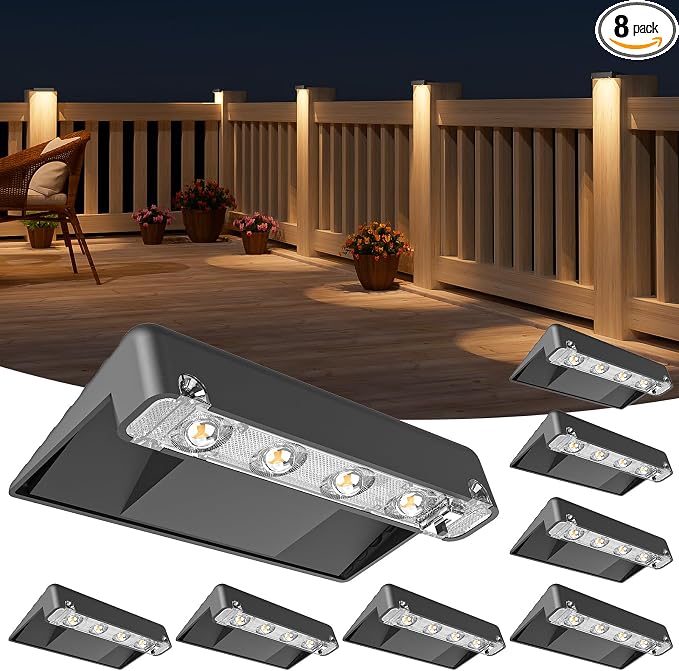 Solar Deck Lights Outdoor 8 Pack, IP65 Waterproof Large Size LED Stair Lights with Lenses, Auto ON Off Warm White Step Lights for Outside, Deck, Patio, Fence, Yard, Pathway and Railing Decor