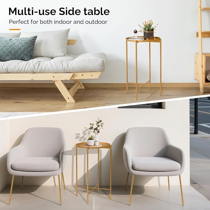 VINGLI Round Metal Side Table with Removable Tray, Outdoor Patio Coffee Table, Waterproof End Table for Small Spaces, Outdoor Patio, Living Room, Bedroom, Balcony (X-Brace & Non-Slip Pads) (1, Gold)