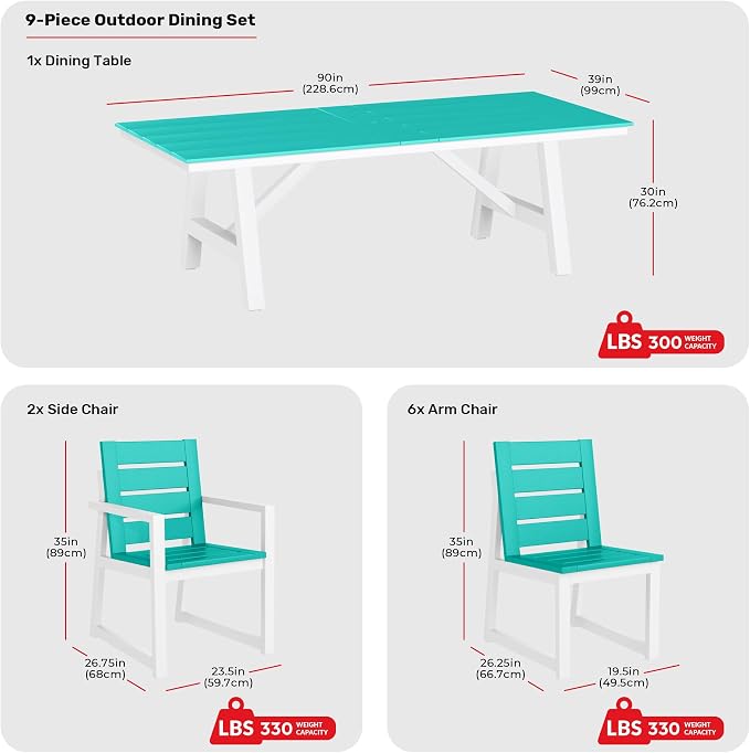 Costaelm Stinson 9-Piece Outdoor HDPE Patio Dining Table Set with Umbrella Hole & Dining Chairs for 8, Turquoise