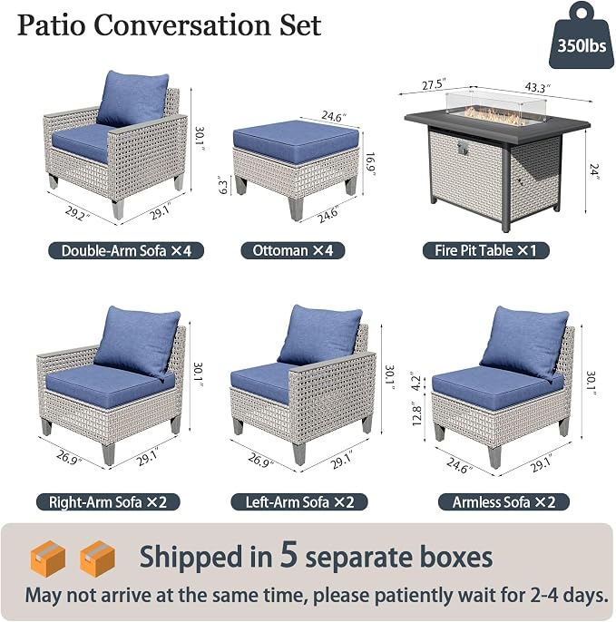 Outdoor Patio Furniture Set with Fire Pit Table 15-Piece Modular Wicker Sectional Sofa with Ottomans and Thick Cushions, Modern Rattan Outdoor Conversation Couch, Navy
