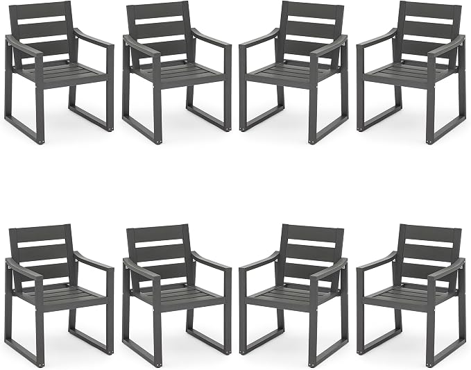Cozyman HDPS Outdoor Dining Chairs Set of 8, 350 LBS, Patio Dining Chairs with Armrest, All Weather Outdoor Kitchen Chairs with Square Frame Legs for Outdoor Indoor, Lawn, Garden, Backyard, Dark Gray