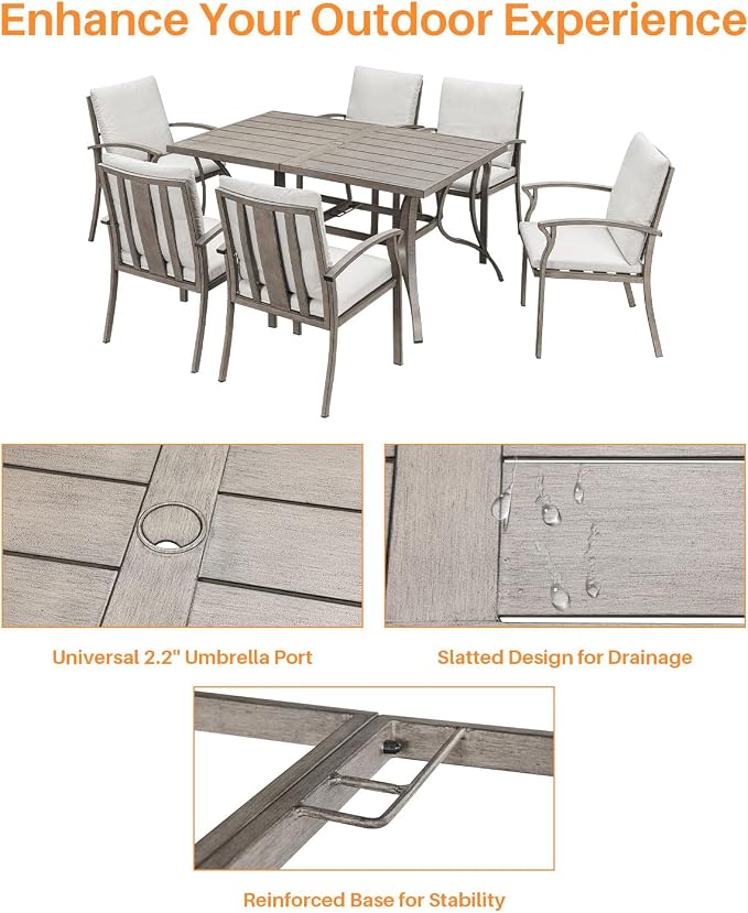 7-Piece Outdoor Patio Dining Set, Never-Rust Aluminum Patio Dining Set with Umbrella Hole, Outdoor Table and Chairs with Cushions, Patio Furniture Sets for Lawn, Garden, Backyard, Limed Oak