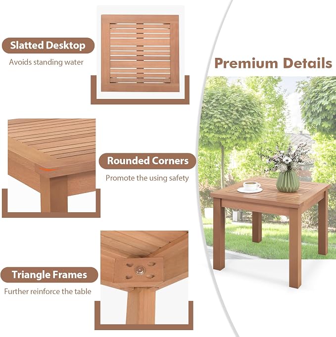 HAPPYGRILL Outdoor Side Table Eucalyptus Wood Square End Table, Wood Patio Table with Slatted Tabletop for Backyard Poolside Porch