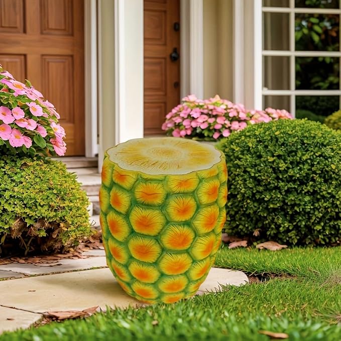 14'' Garden Fruit Design Stool, Decorative Patio Side Tables for Outside / Indoor, Drum Table & Plant Stands Stools for Patio Balcony Living Room, Home Decor, Weather-Resistant (Yellow, Pineapple)