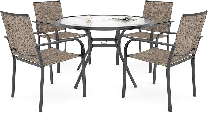 5 Piece Outdoor Dining Set with 40" Round Glass Table and Beige Grey Chairs | 4 Piece Stackable Chairs Textilene Seat and Back, Table and Chair with Metal Frame, Round Glass Table Top, 1.7" Umbrella Hole