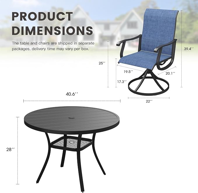 Outdoor Dining Set for 4, 40.6" Metal Round Outdoor Dining Table with Umbrella Hole and Sling Patio Swivel Chairs, 5 Pieces Patio Table and Chairs Set for Garden Backyard, Dark Blue and Black