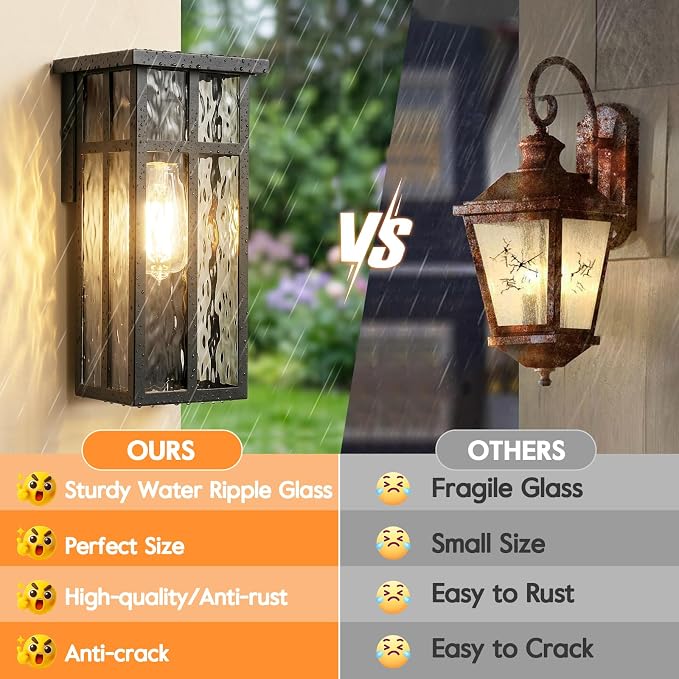 Outdoor Wall Light Fixtures, Modern Black Porch Wall Lanterns | Waterproof Construction & Durable Metal, Rust-Resistant, Quick & Easy Installation, Ripple Glass Shades & Standard E26 Socket