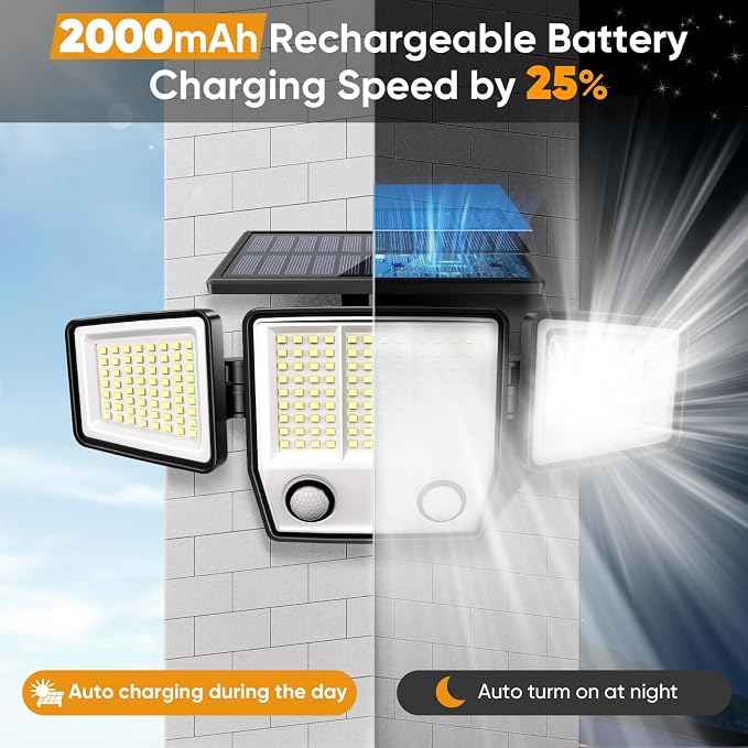 MDCMDCM Solar Motion Sensor Outdoor Lights Waterproof - 3000LM 3 Modes Security Lights Outdoor 270° Illumination IP65 LED Solar Flood Wall Light for Garden Yard Patio Pathway