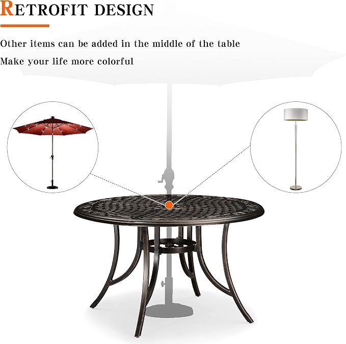 PURPLE LEAF Outdoor Dining Table 47'' Cast Aluminum Patio Funiture Table with Umbrella Hole Rhombic Round Patio Dining Table