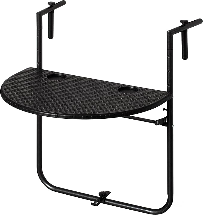Gardenised, Indoor and Outdoor Rattan Decorative Foldable Balcony Hanging Table, Railing Bar Serving Table, Adjustable Hight 3-Level, Balcony and Garden Deck, Rust Proof (Black)